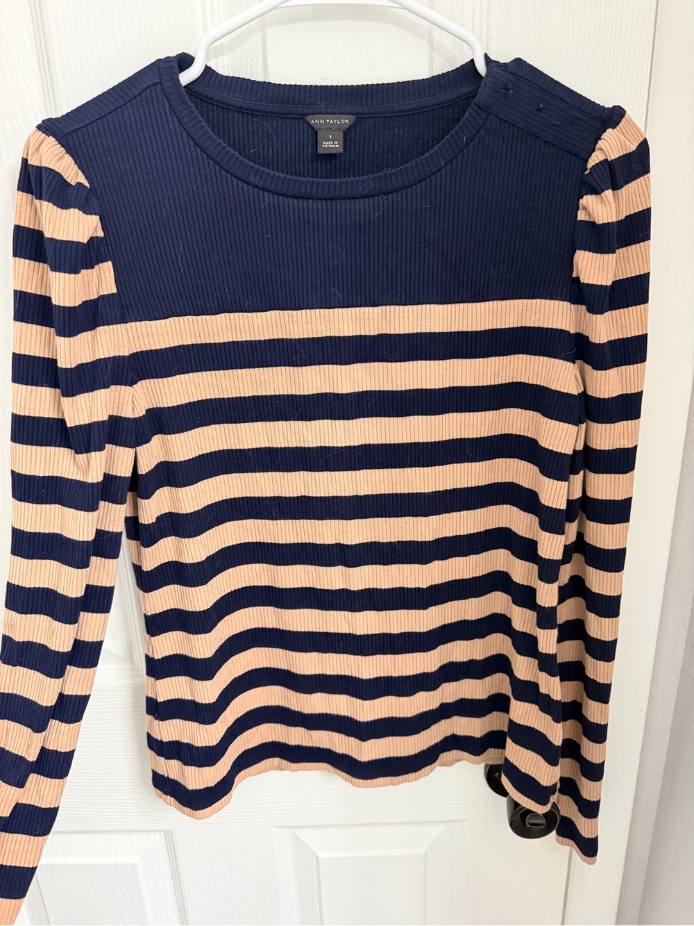 Ann Taylor Navy Peach Striped Ribbed Top Size S